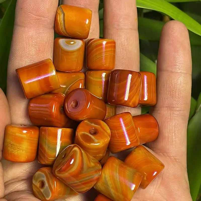 Xizang Old Agate Red Silk Cylindrical Loose Beads 10x11mm - Image 4