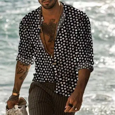 3D Printed Lapel Shirt Blue Black Large Men - Image 27