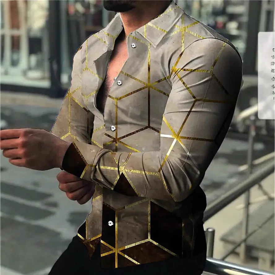 3D Printed Lapel Shirt Blue Black Large Men - Image 37