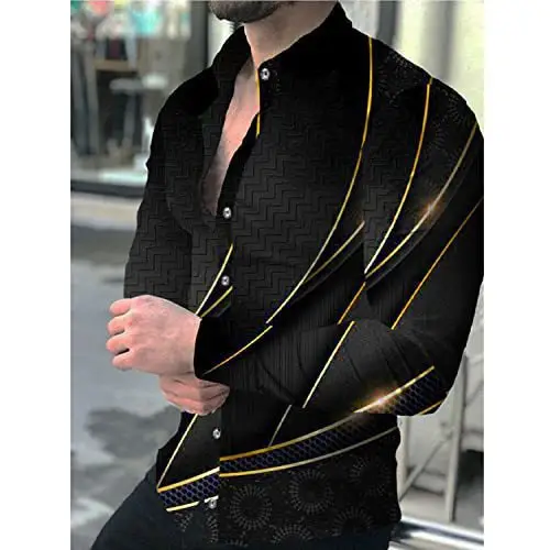 3D Printed Lapel Shirt Blue Black Large Men - Image 21