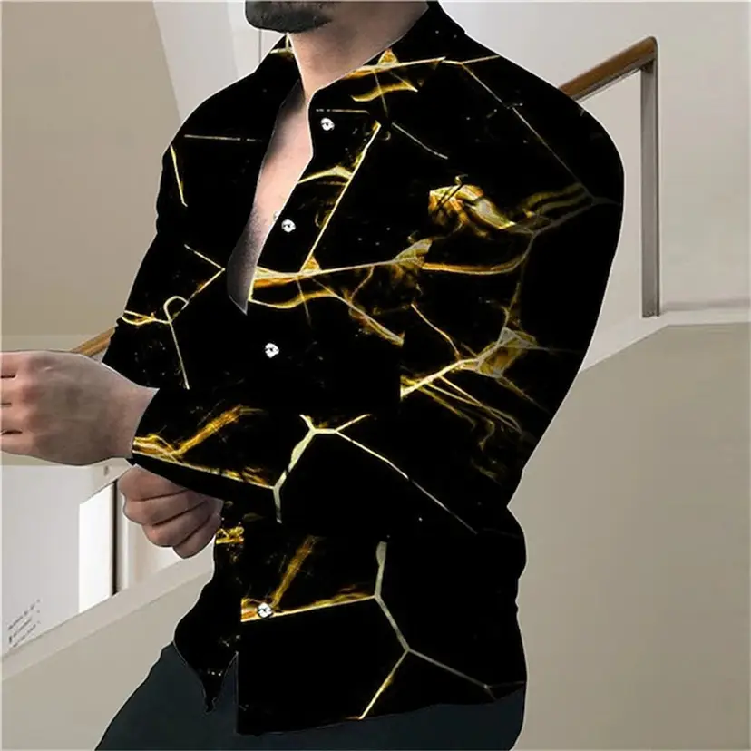 3D Printed Lapel Shirt Blue Black Large Men - Image 17
