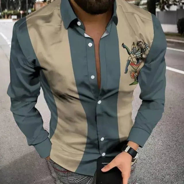 3D Printed Lapel Shirt Blue Black Large Men - Image 2
