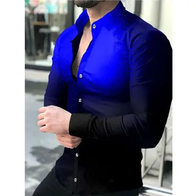 3D Printed Lapel Shirt Blue Black Large Men - Image 23
