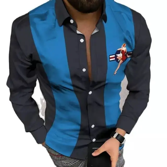 3D Printed Lapel Shirt Blue Black Large Men - Image 3