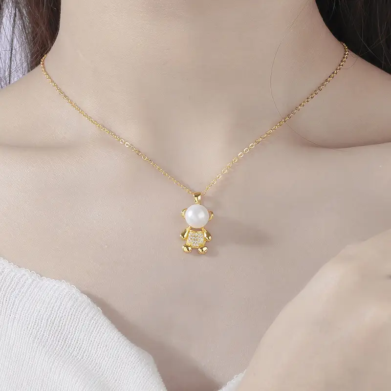 Cute Pearl Bear Pendant Set Gold Silver Jewelry - Image 3