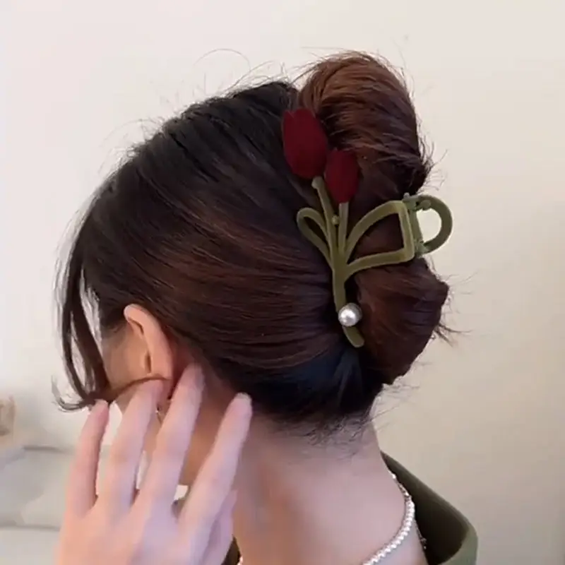 Elegant Flocked Tulip Hair Clip with Pearl - Image 2