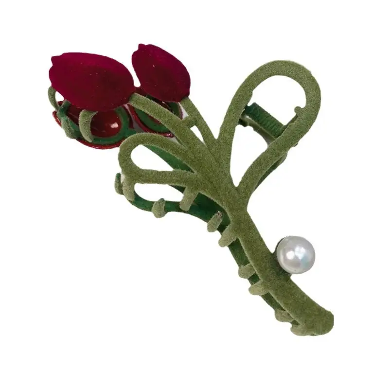 Elegant Flocked Tulip Hair Clip with Pearl - Image 5