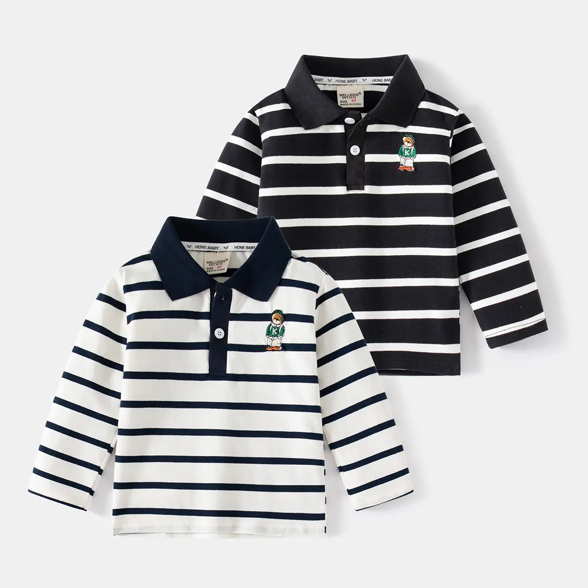 Handmade Black & White Striped Boys Polo Shirt Long Sleeve Spring Outing Casual T-Shirt - Image 3