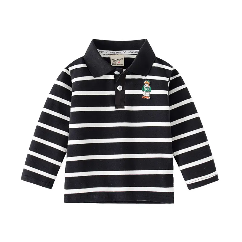 Handmade Black & White Striped Boys Polo Shirt Long Sleeve Spring Outing Casual T-Shirt - Image 7