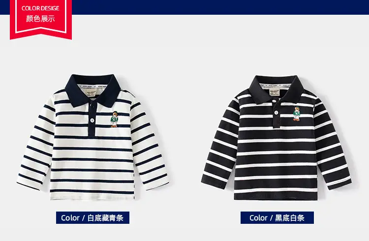 Handmade Black & White Striped Boys Polo Shirt Long Sleeve Spring Outing Casual T-Shirt — feature 3