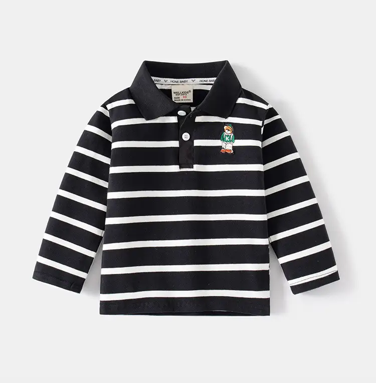 Handmade Black & White Striped Boys Polo Shirt Long Sleeve Spring Outing Casual T-Shirt — feature 8