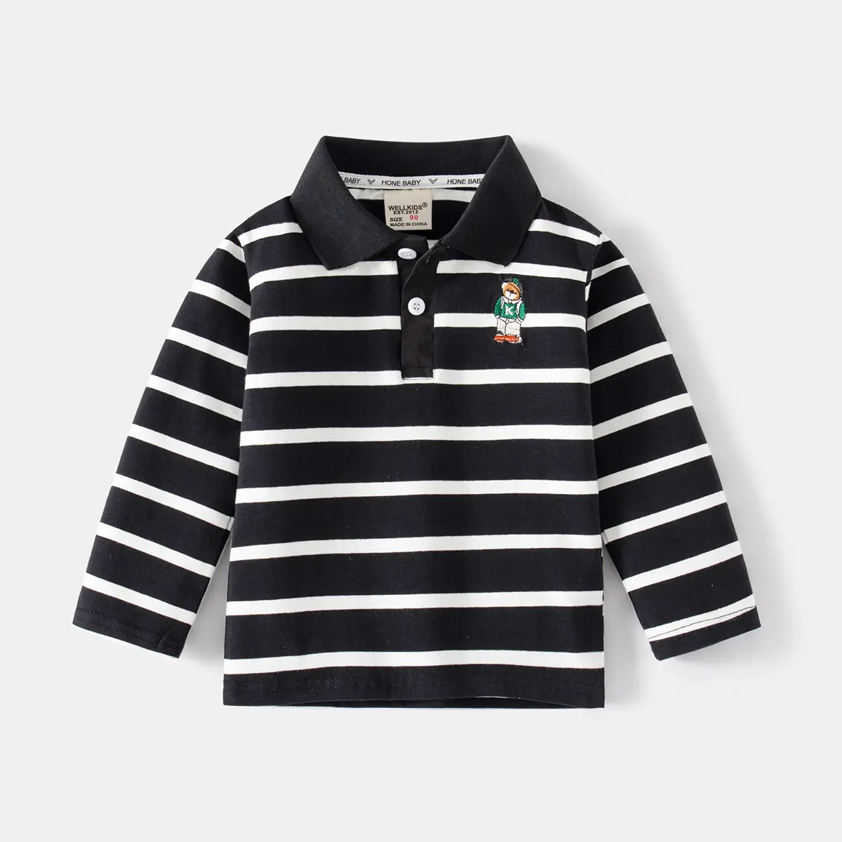 Black background white embroidered bear long sleeve POLO