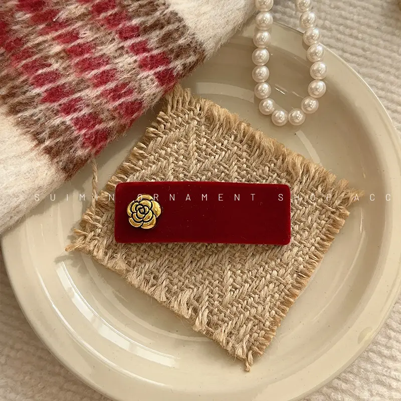 Red Camellia BB Clip 2022 Velvet French Hairpin - Image 2