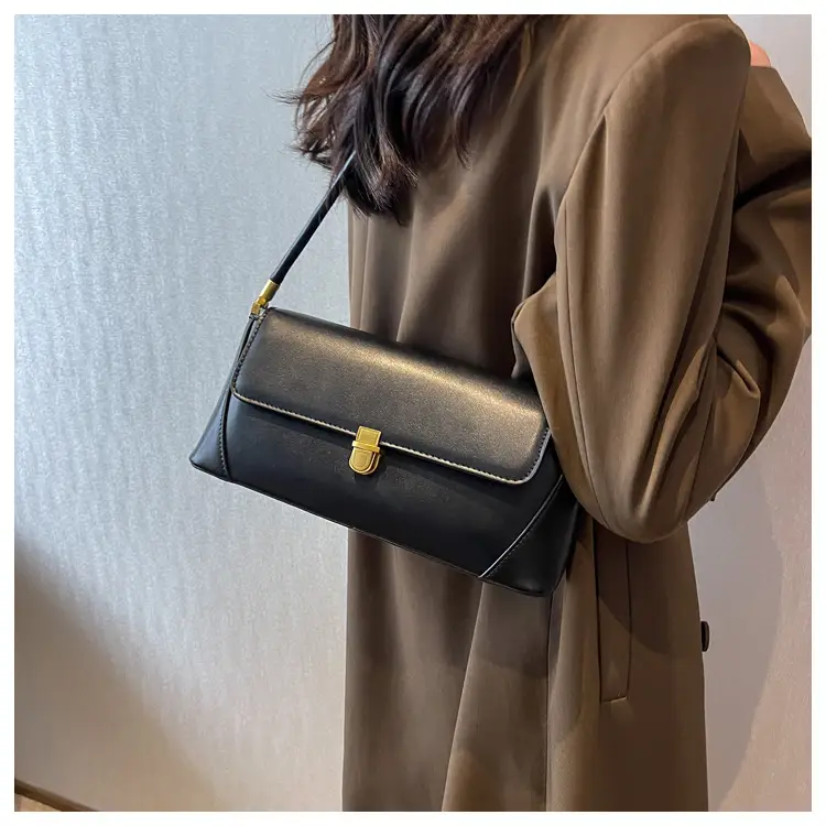 Black Leather Shoulder Bag with Gold Plated Latches — feature 25