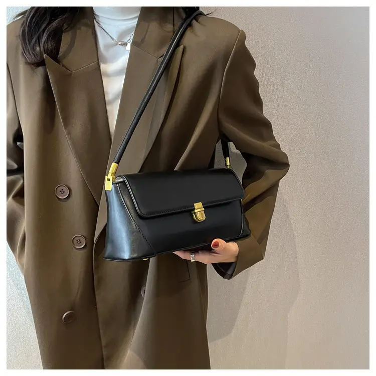 Black Leather Shoulder Bag with Gold Plated Latches — feature 26