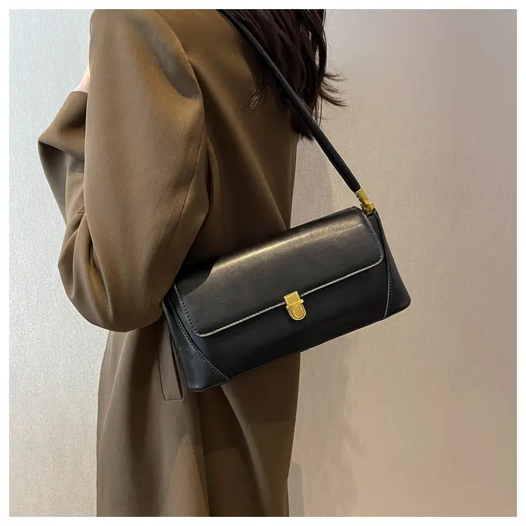 Black Leather Shoulder Bag with Gold Plated Latches — feature 27