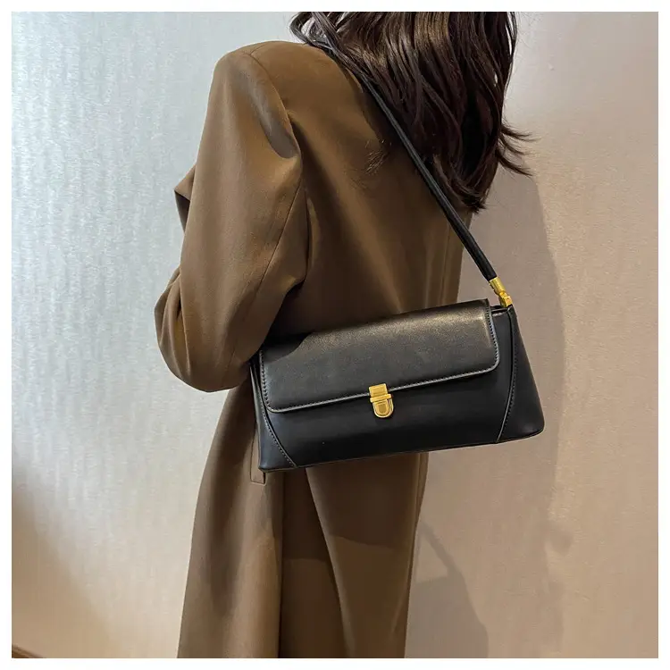 Black Leather Shoulder Bag with Gold Plated Latches — feature 29
