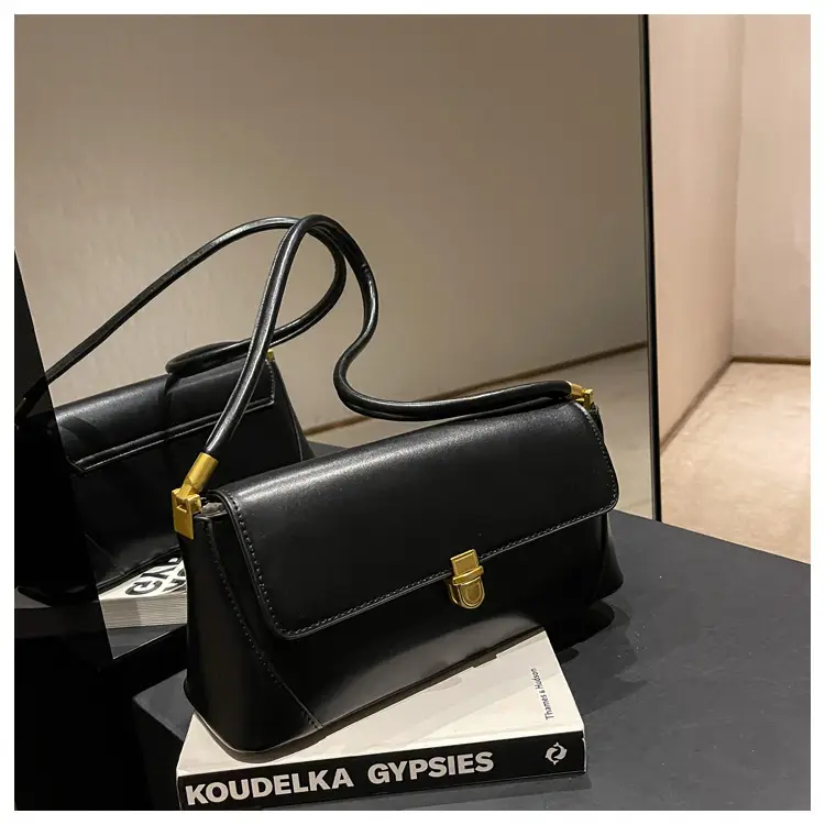 Black Leather Shoulder Bag with Gold Plated Latches — feature 46