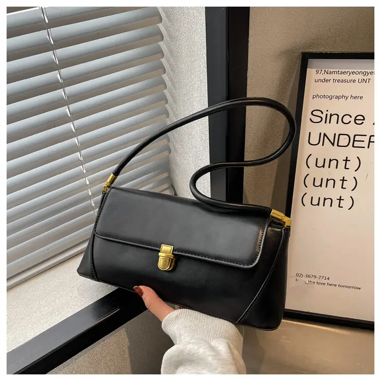 Black Leather Shoulder Bag with Gold Plated Latches — feature 48