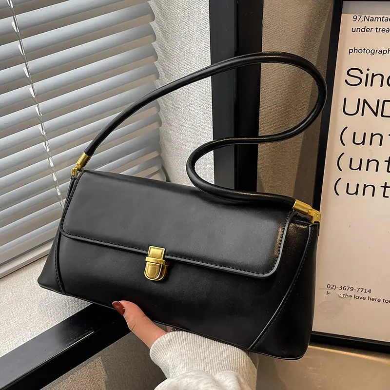 Black Leather Shoulder Bag with Gold Plated Latches - Image 2