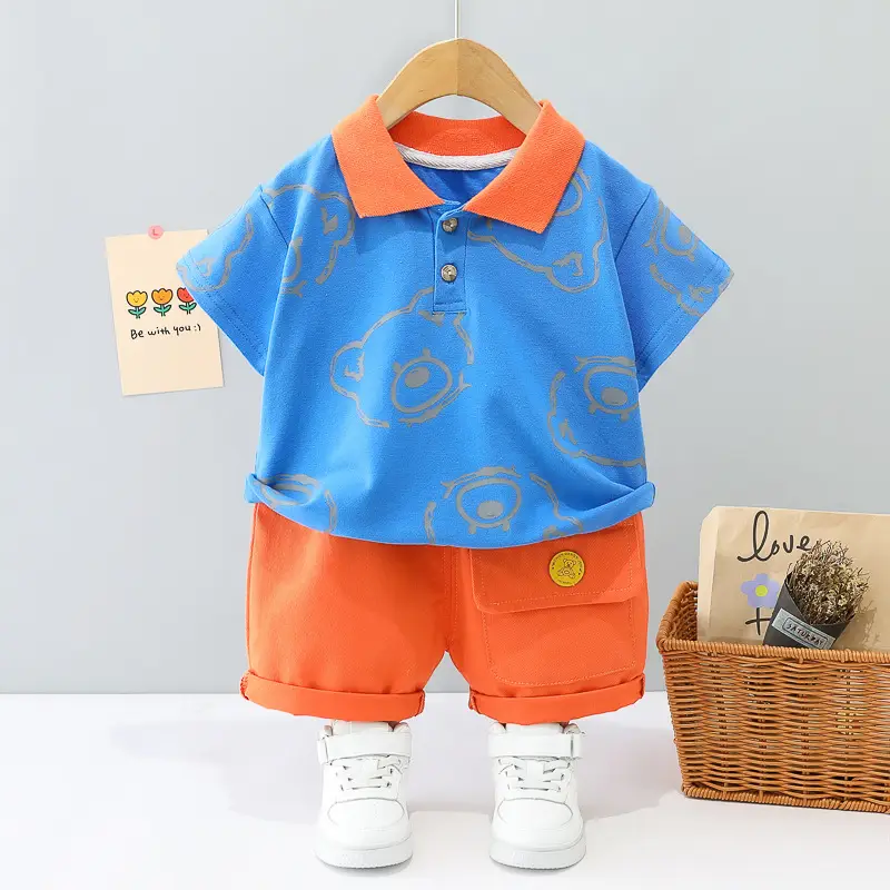 Boys Printed Bear T-Shirt & Shorts Set Summer Wear - Image 2