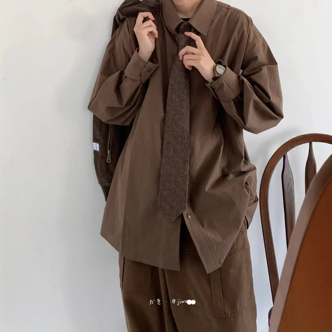 2023 Japanese Retro Long-Sleeve Shirt Brown Unisex Loose Overalls - Image 3