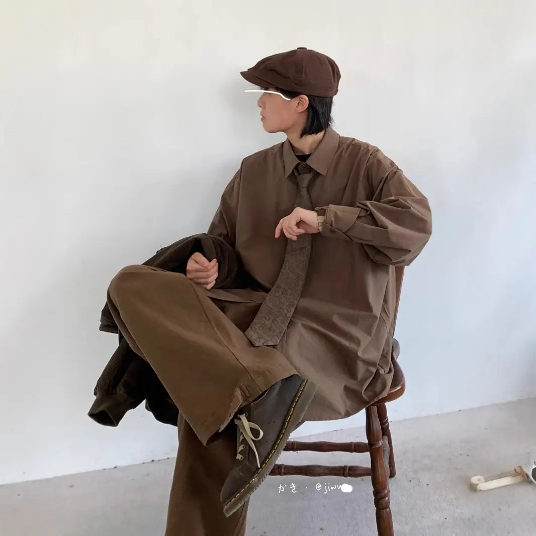 2023 Japanese Retro Long-Sleeve Shirt Brown Unisex Loose Overalls - Image 4