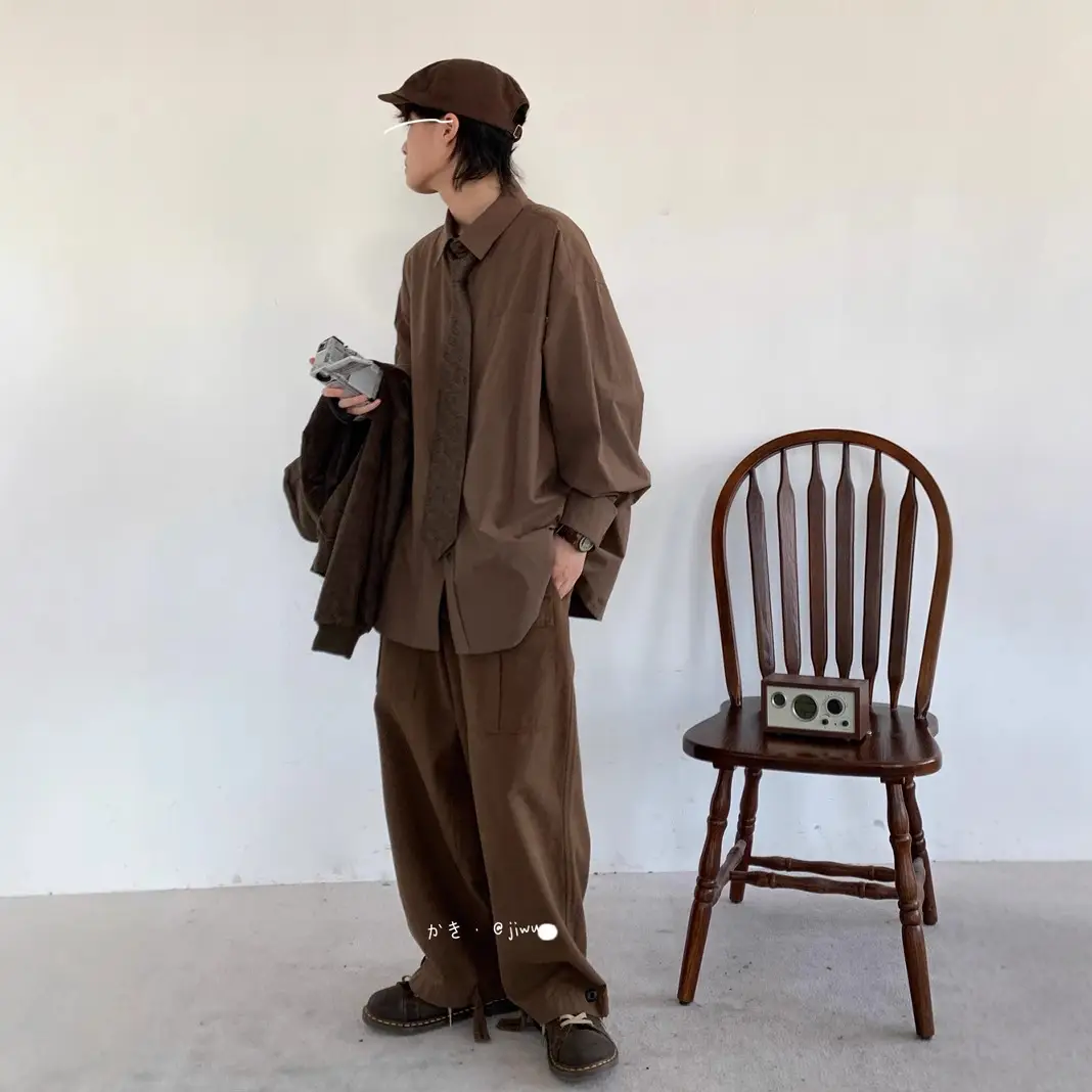 2023 Japanese Retro Long-Sleeve Shirt Brown Unisex Loose Overalls - Image 5