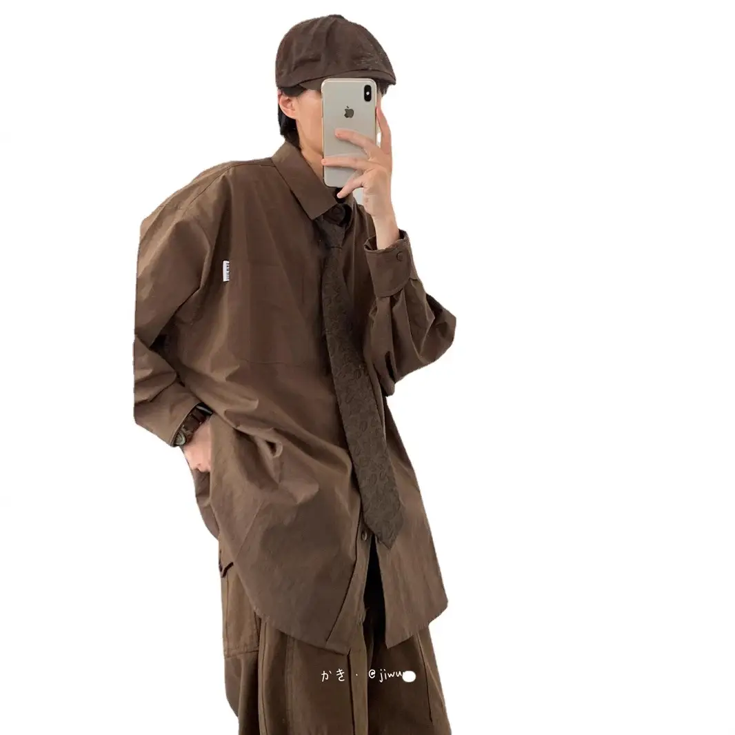 2023 Japanese Retro Long-Sleeve Shirt Brown Unisex Loose Overalls - Image 6