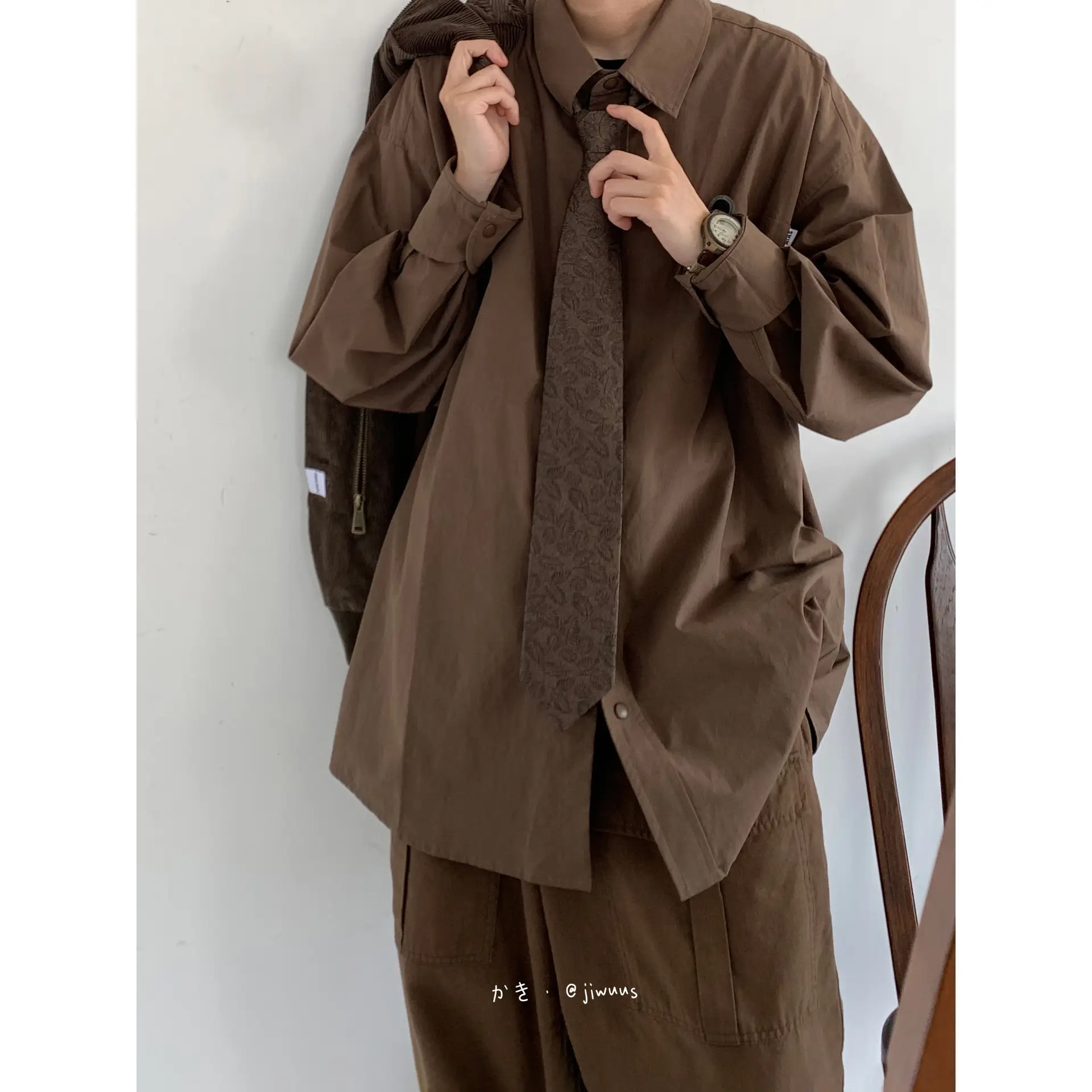 2023 Japanese Retro Long-Sleeve Shirt Brown Unisex Loose Overalls — feature 1
