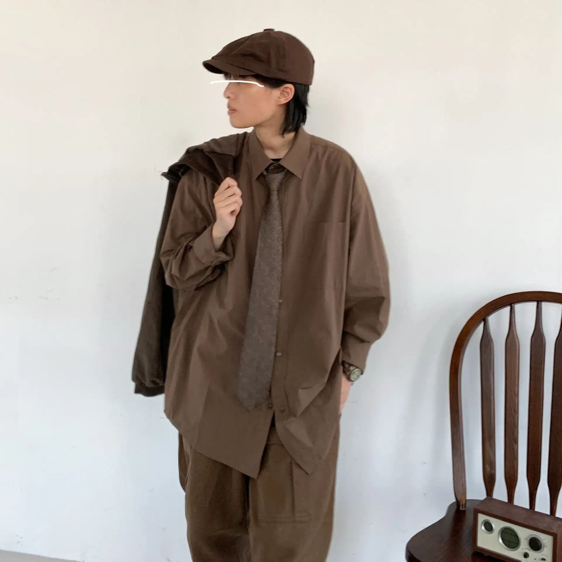 2023 Japanese Retro Long-Sleeve Shirt Brown Unisex Loose Overalls — feature 12