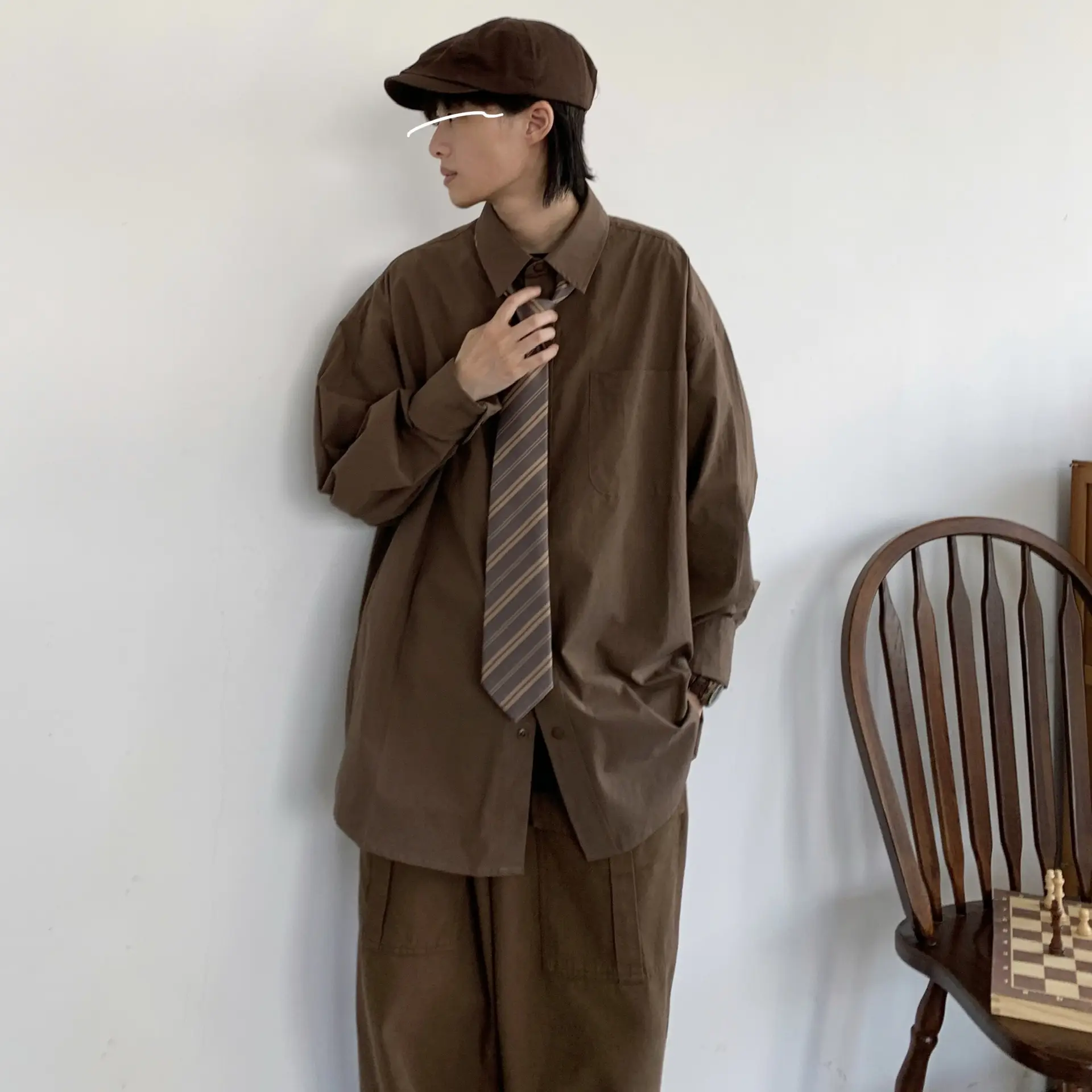 2023 Japanese Retro Long-Sleeve Shirt Brown Unisex Loose Overalls — feature 13