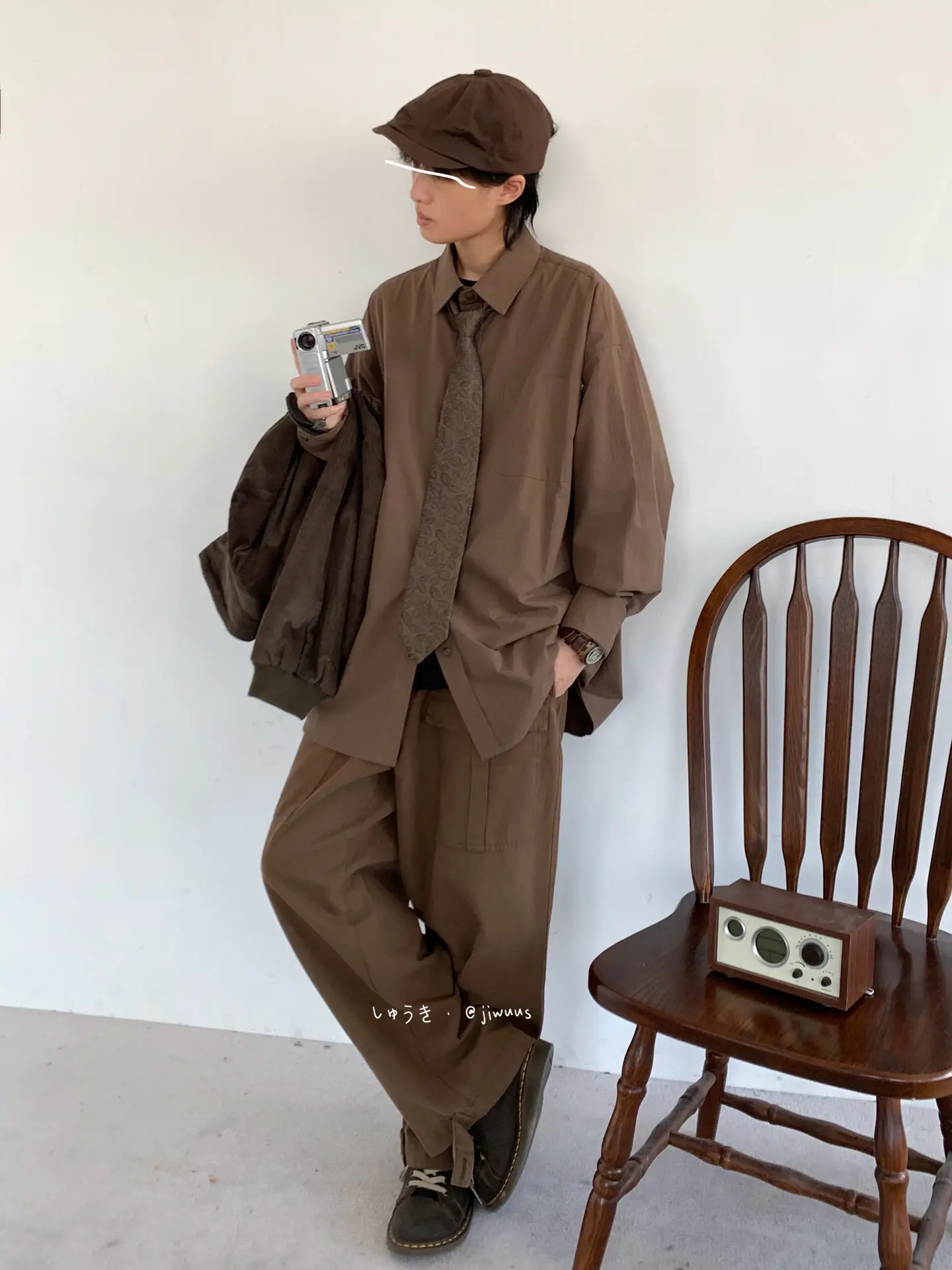 2023 Japanese Retro Long-Sleeve Shirt Brown Unisex Loose Overalls — feature 15