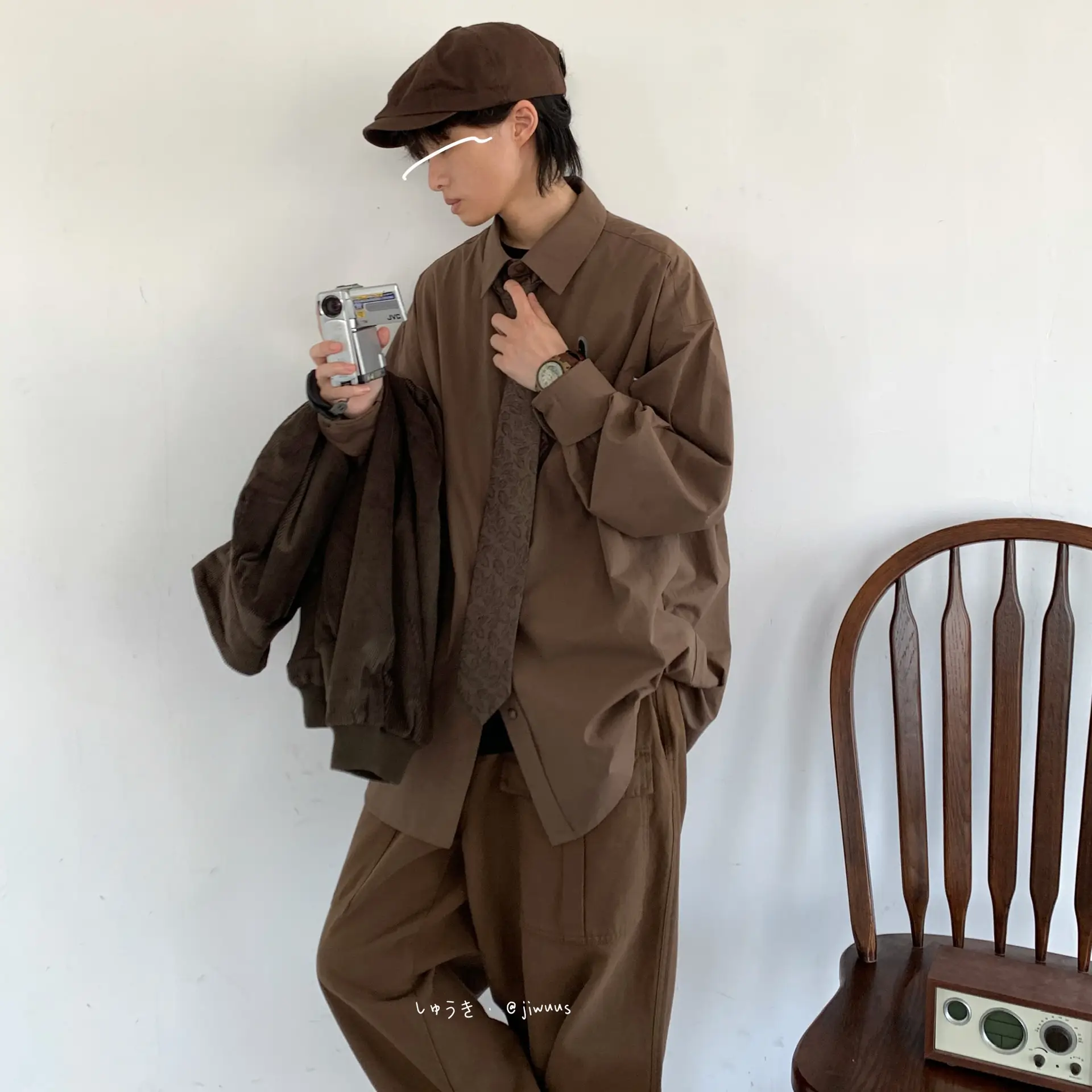 2023 Japanese Retro Long-Sleeve Shirt Brown Unisex Loose Overalls — feature 6