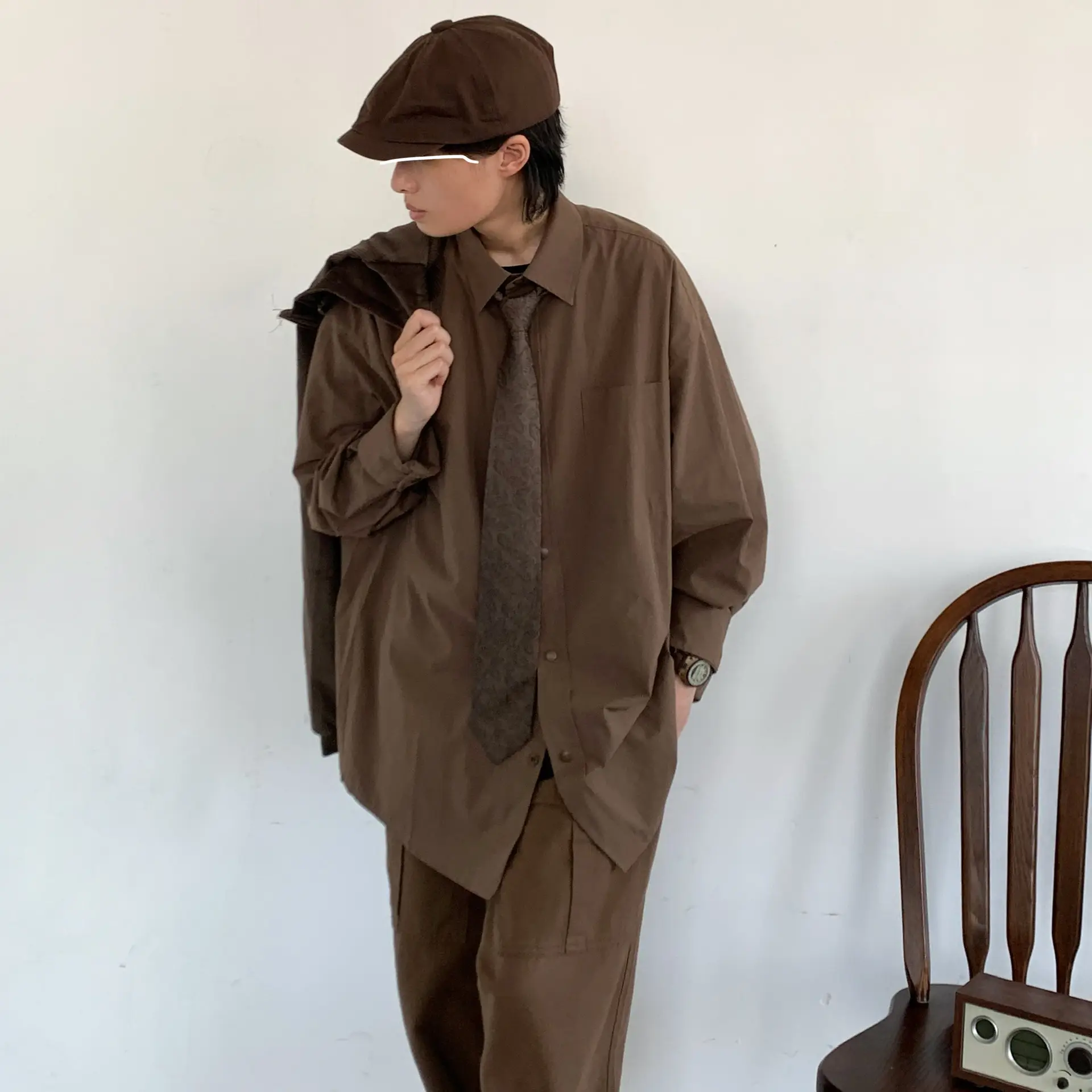 2023 Japanese Retro Long-Sleeve Shirt Brown Unisex Loose Overalls — feature 7