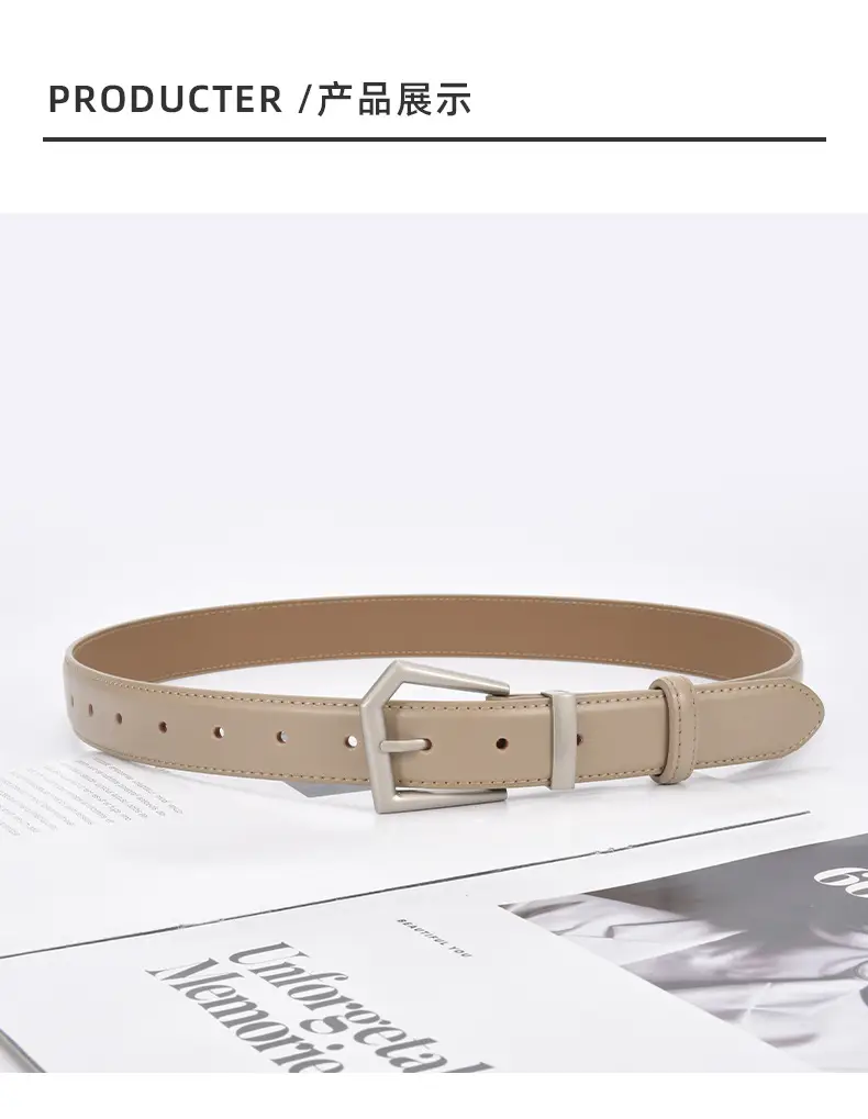 Women's Beige Leather Belt with Silver Buckle — feature 22