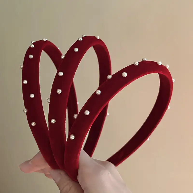 Retro Red Velvet Heart Headband with Pearl Accents - Image 5