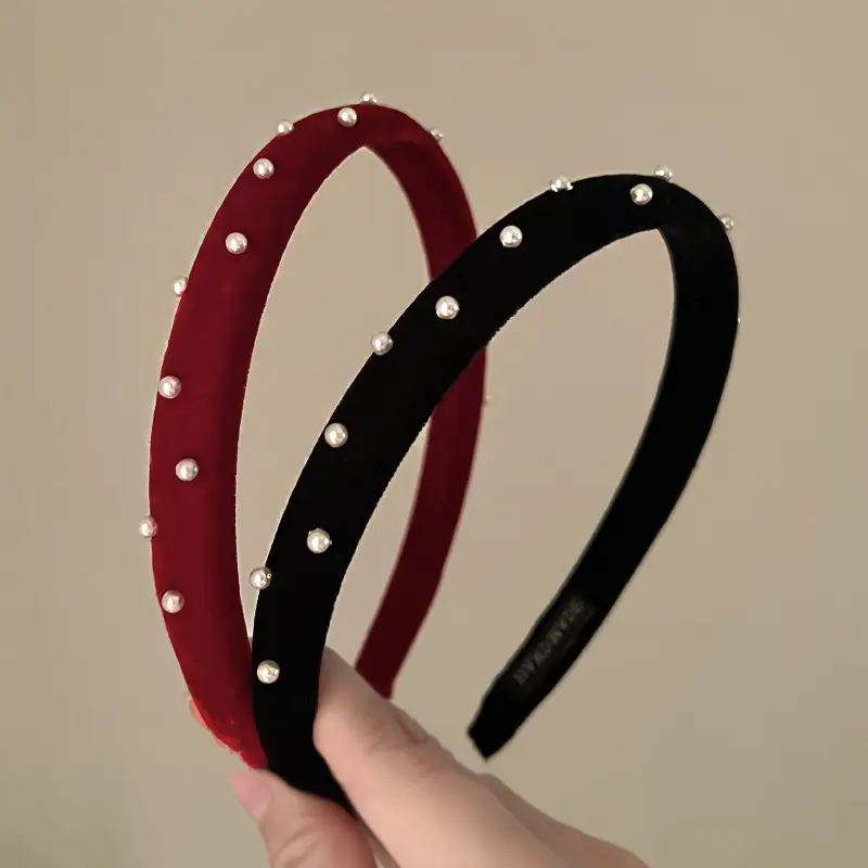 Retro Red Velvet Heart Headband with Pearl Accents - Image 6