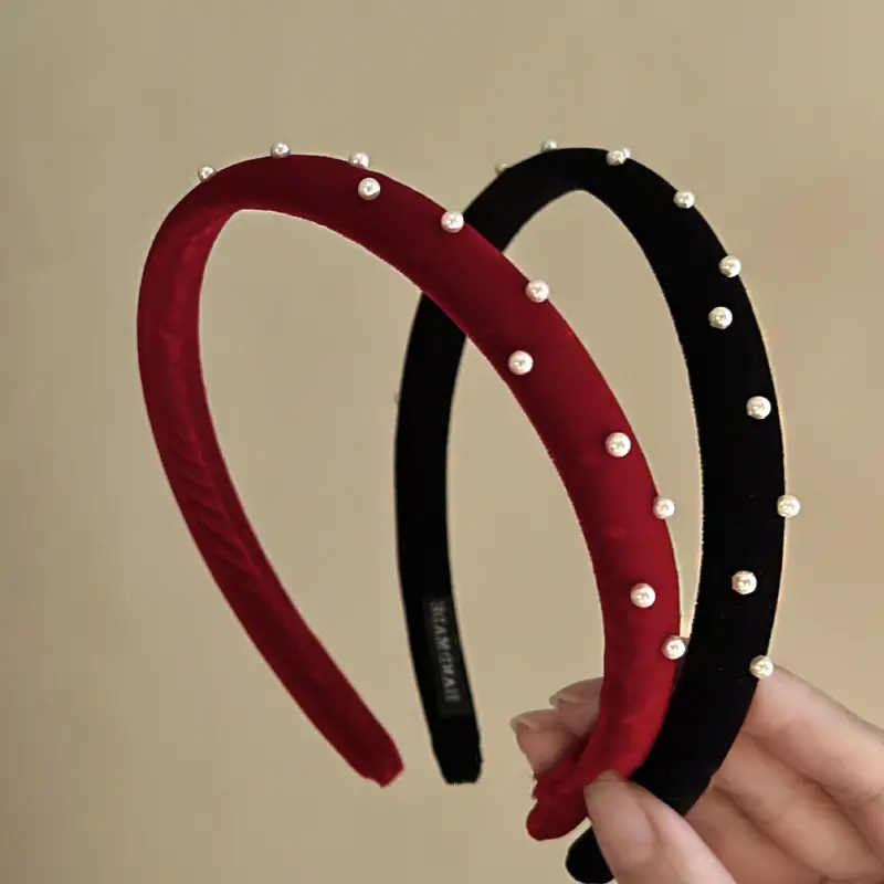 Retro Red Velvet Heart Headband with Pearl Accents — feature 10