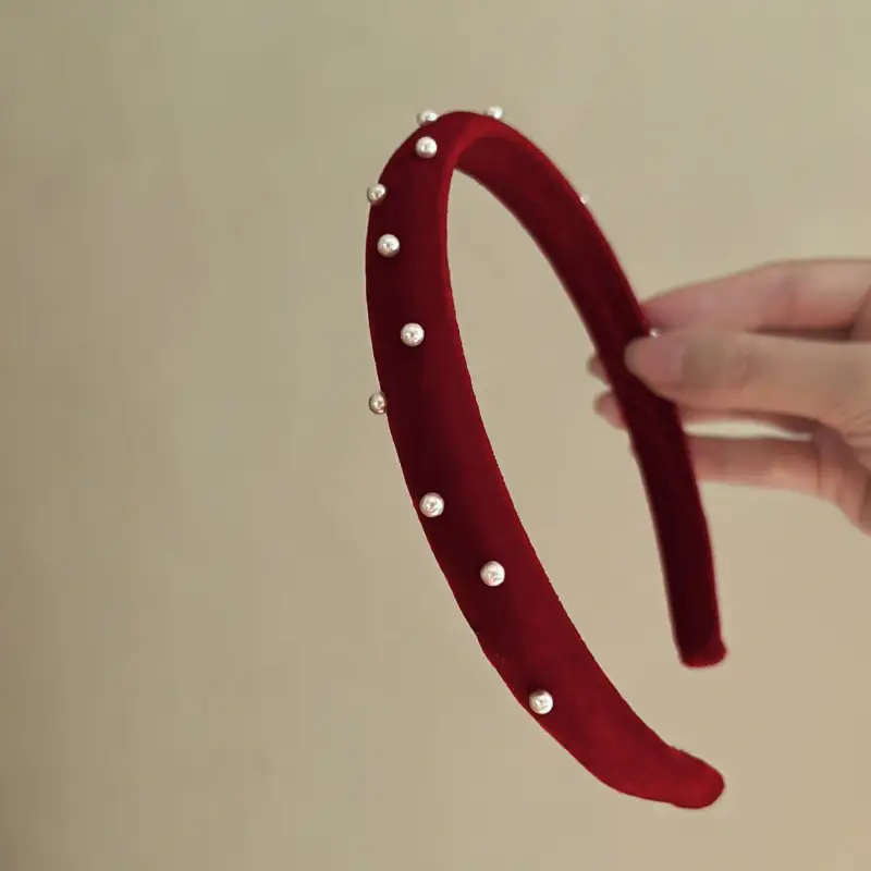 Retro Red Velvet Heart Headband with Pearl Accents — feature 12