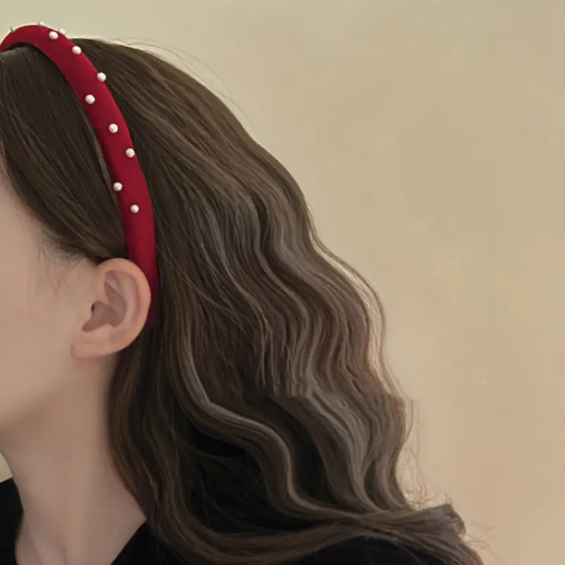 Retro Red Velvet Heart Headband with Pearl Accents — feature 4