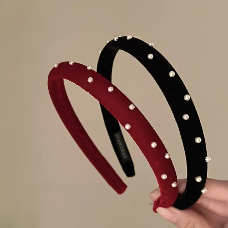 Retro Red Velvet Heart Headband with Pearl Accents — feature 8