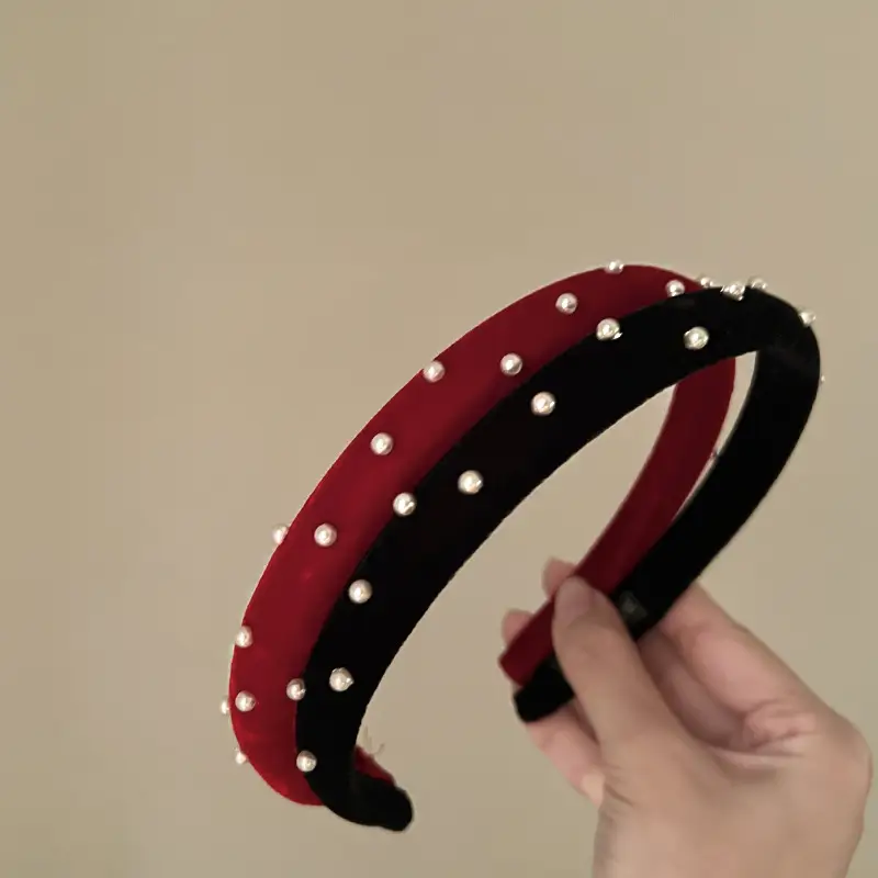 Retro Red Velvet Heart Headband with Pearl Accents — feature 9