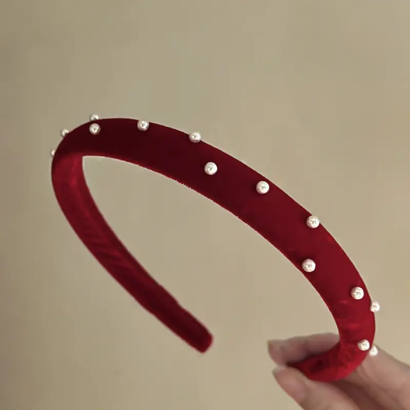 Retro Red Velvet Heart Headband with Pearl Accents - Image 2
