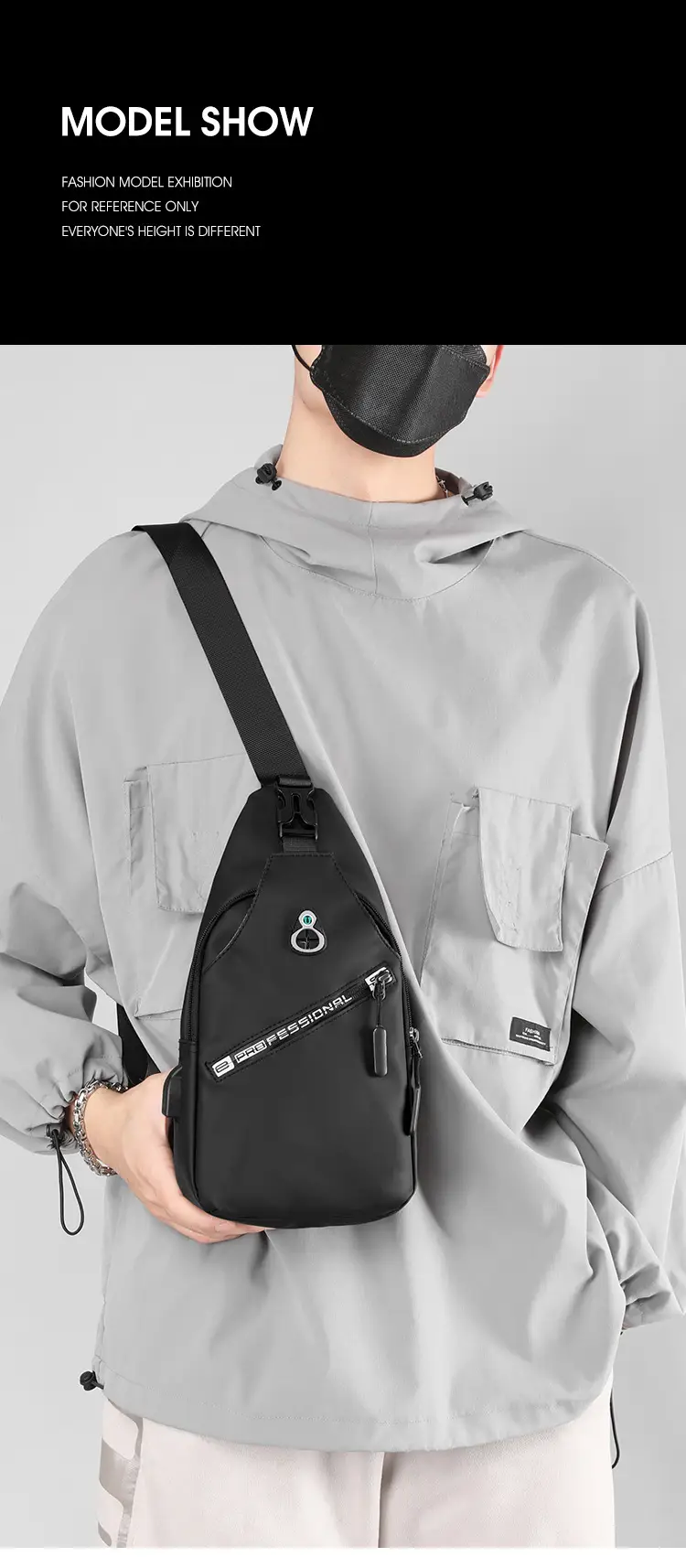Men's Black Crossbody Shoulder Bag with Water Resistant Design — feature 16
