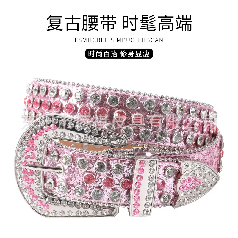 Blue Rhinestone Leather Belt for Women