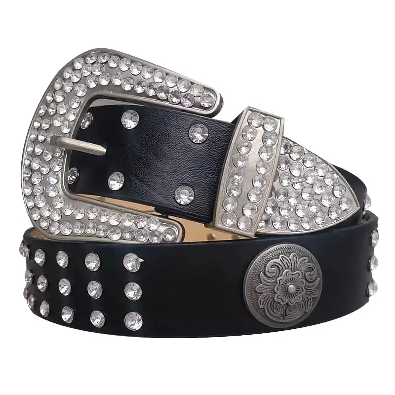 Blue Rhinestone Leather Belt for Women