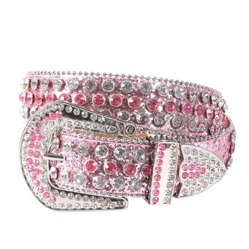 Blue Rhinestone Leather Belt for Women