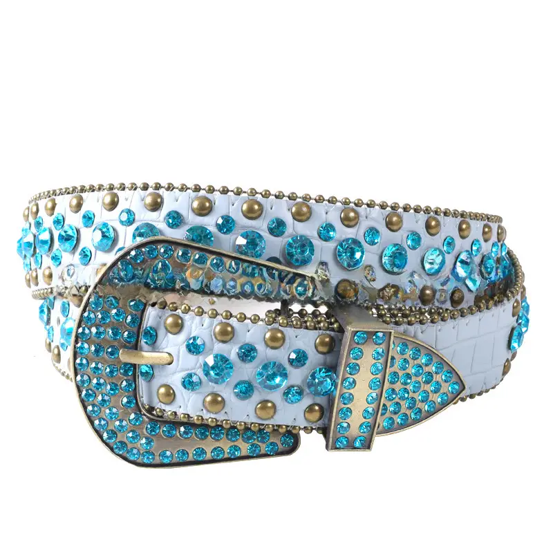 Blue Rhinestone Leather Belt for Women