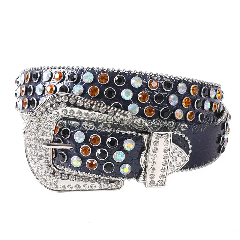Blue Rhinestone Leather Belt for Women